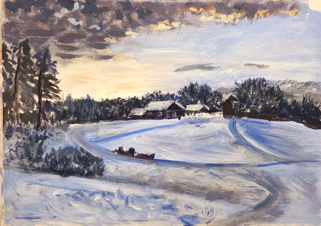 Acrylic Painting of a snowy village